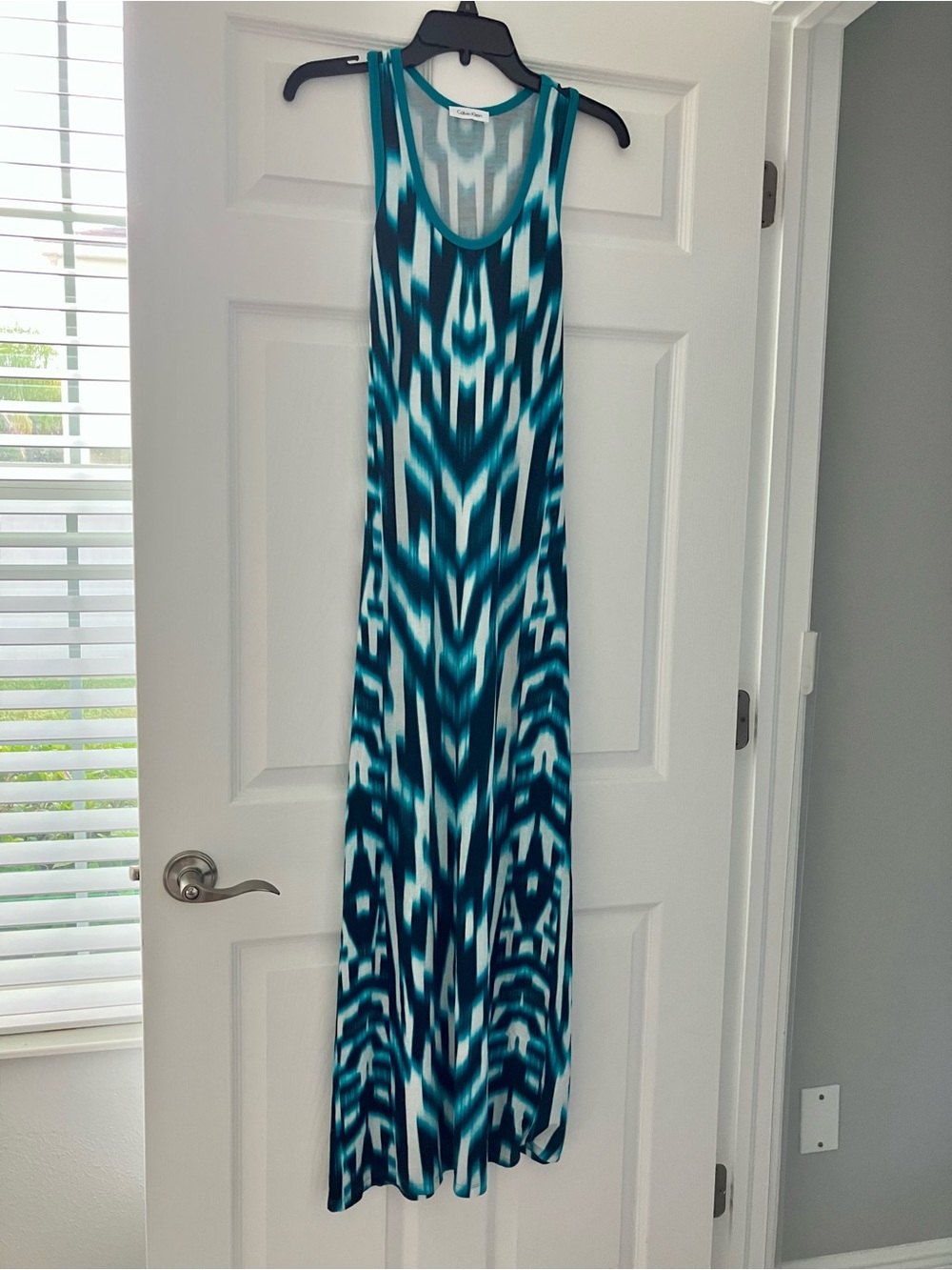Calvin Klein Teal Blue and White Patterned Sleeveless Maxi Dress